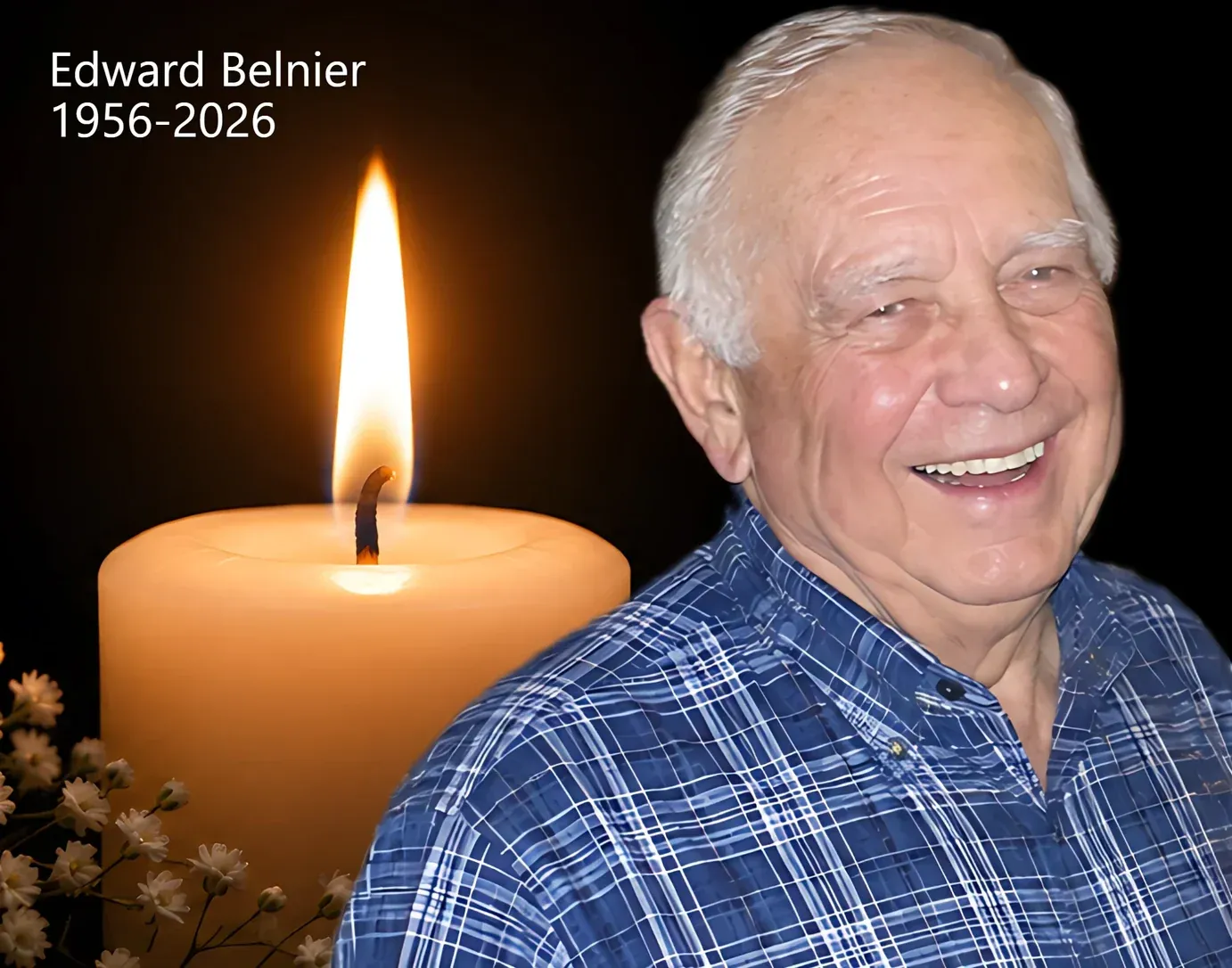 The same photograph, enlarged and framed as a portrait, with the kitchen replaced by a dark background with a lit candle, and his name and dates above.
